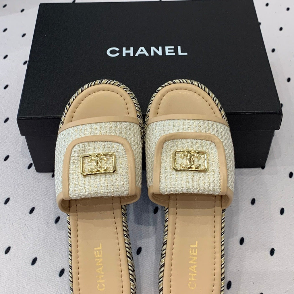 Chanel Double Women New Trendy Calfskin Slippers Beige Cream