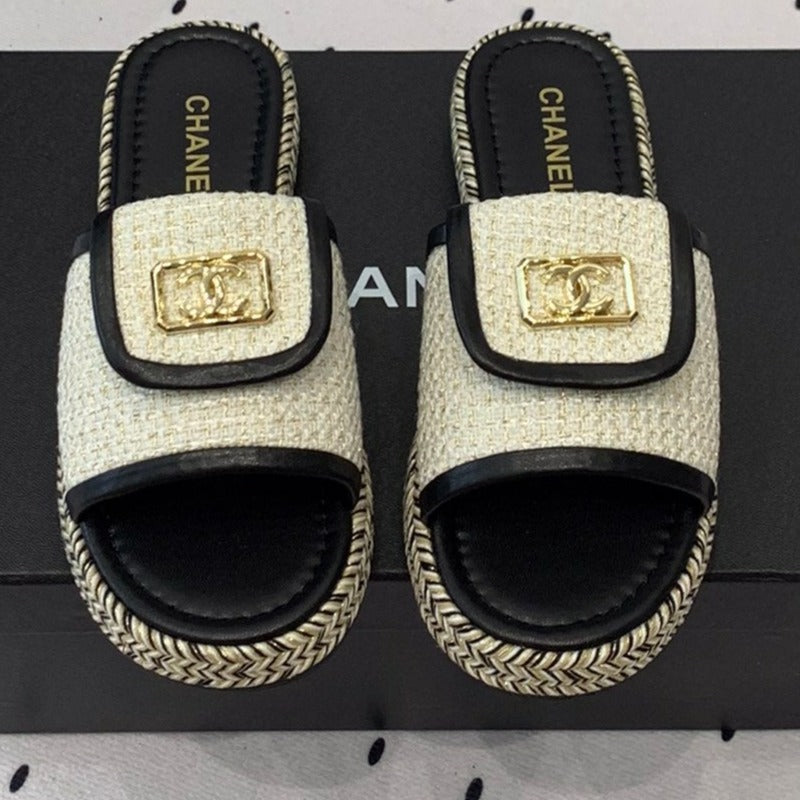 Chanel Double Women New Trendy Calfskin Slippers White Black