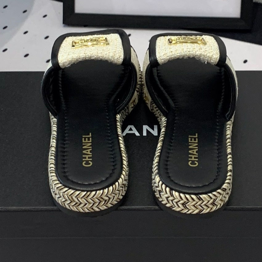 Chanel Double Women New Trendy Calfskin Slippers White Black