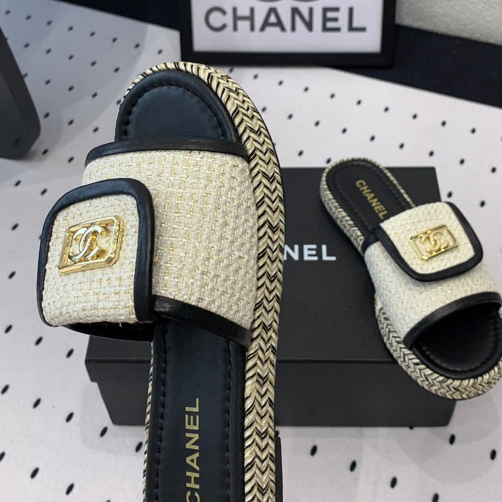 Chanel Double Women New Trendy Calfskin Slippers White Black
