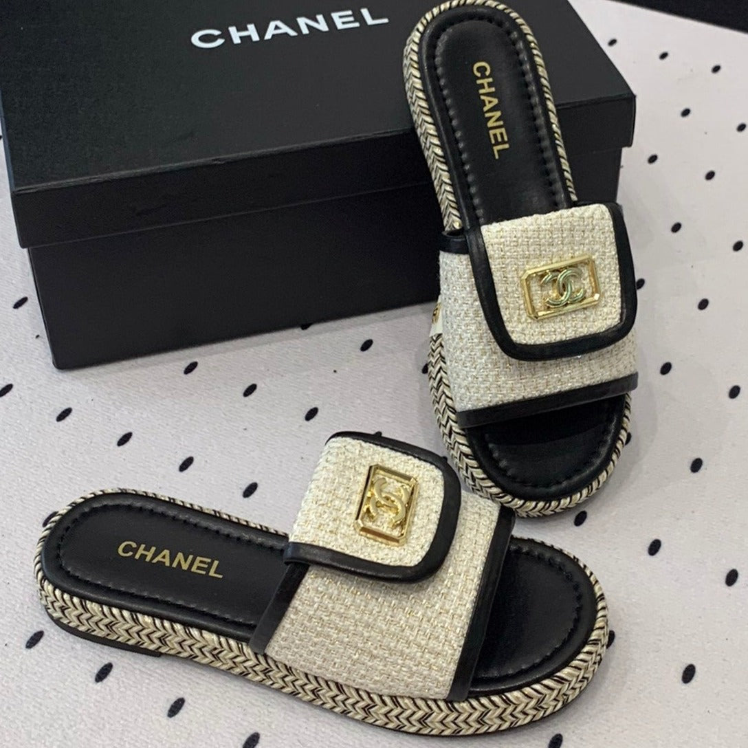 Chanel Double Women New Trendy Calfskin Slippers White Black