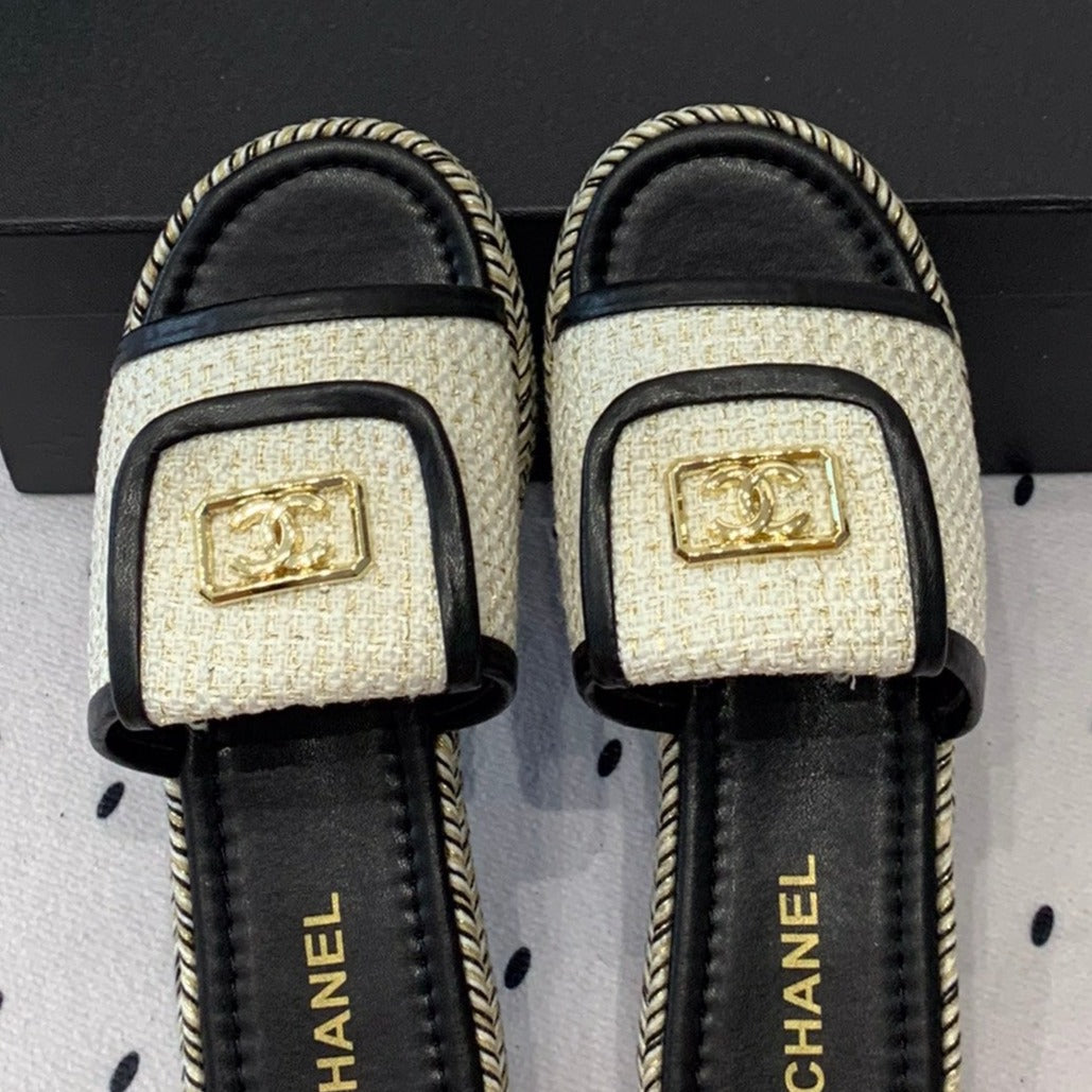Chanel Double Women New Trendy Calfskin Slippers White Black