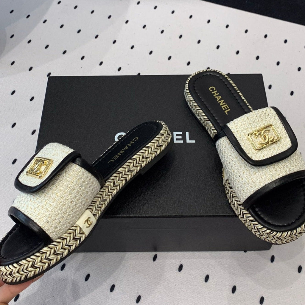 Chanel Double Women New Trendy Calfskin Slippers White Black