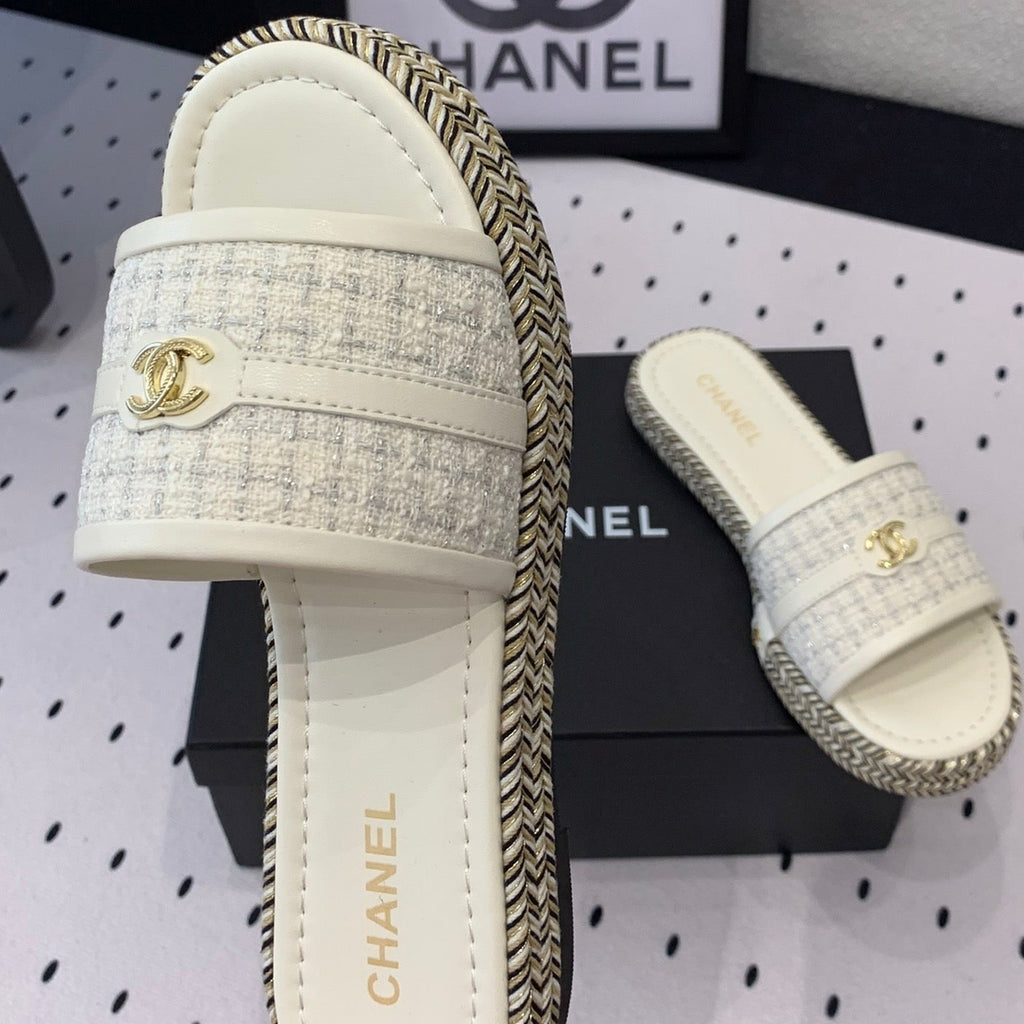 Chanel Double Women White Slippers Calfskin