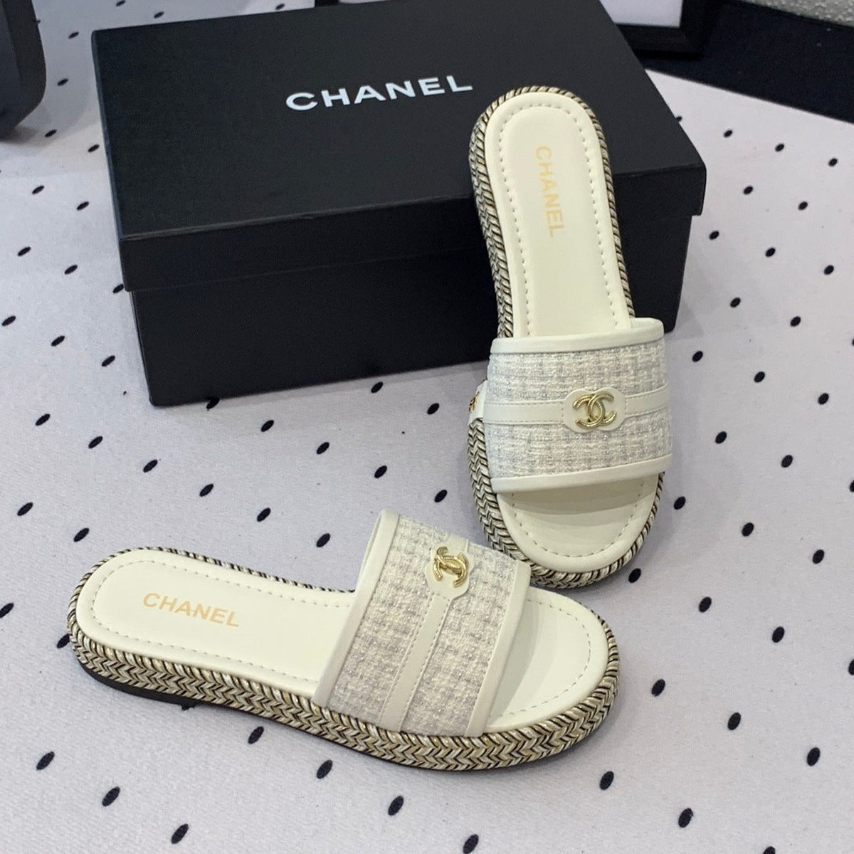 Chanel Double Women White Slippers Calfskin