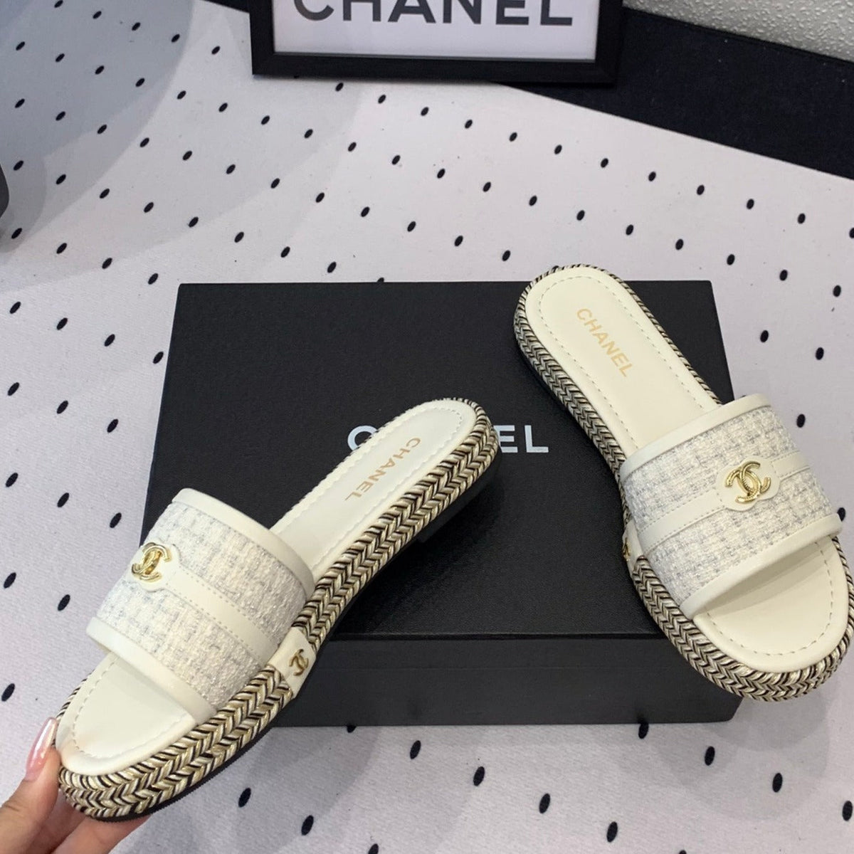 Chanel Double Women White Slippers Calfskin