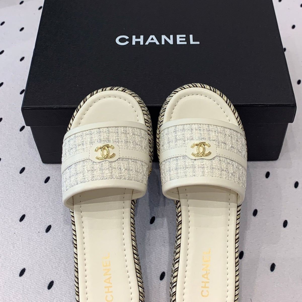 Chanel Double Women White Slippers Calfskin