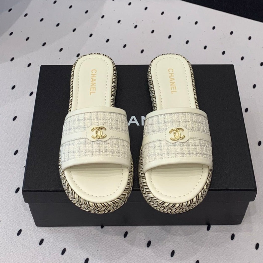 Chanel Double Women White Slippers Calfskin
