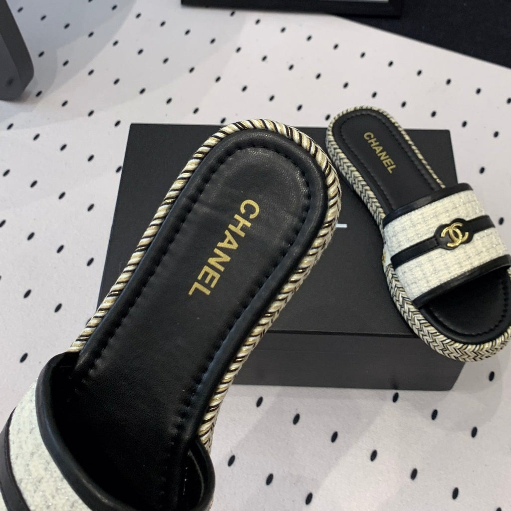 Chanel Double Women White Black Slippers Calfskin