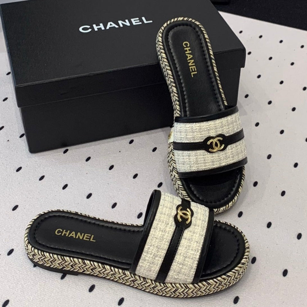 Chanel Double Women White Black Slippers Calfskin