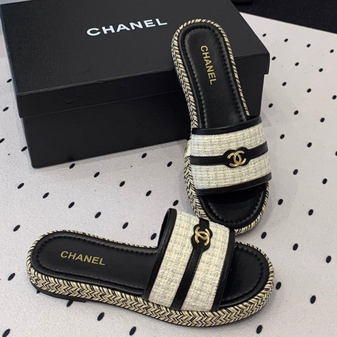 Chanel Double Women White Black Slippers Calfskin
