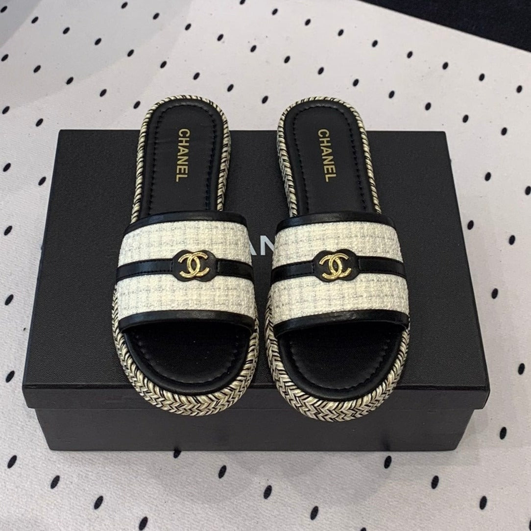 Chanel Double Women White Black Slippers Calfskin