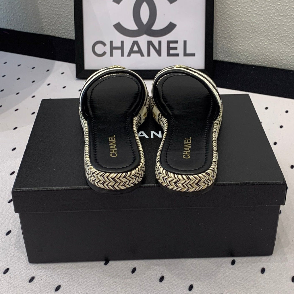 Chanel Double Women White Black Slippers Calfskin