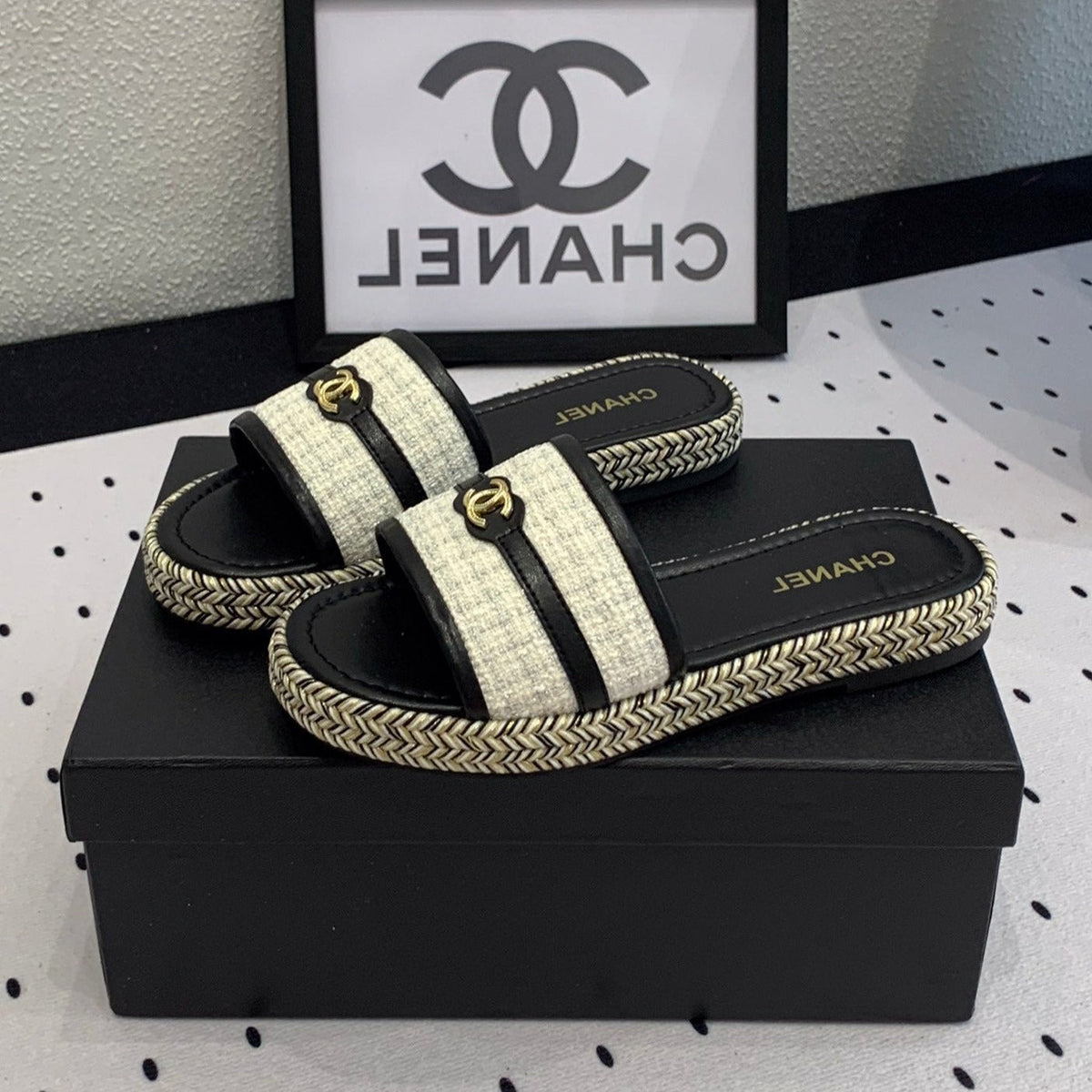 Chanel Double Women White Black Slippers Calfskin