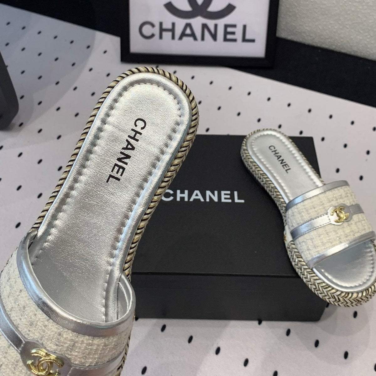 Chanel Double Women Silver Slippers Calfskin