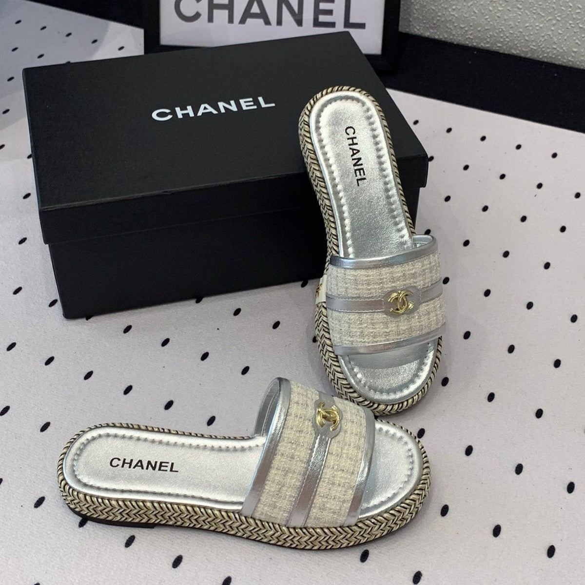 Chanel Double Women Silver Slippers Calfskin