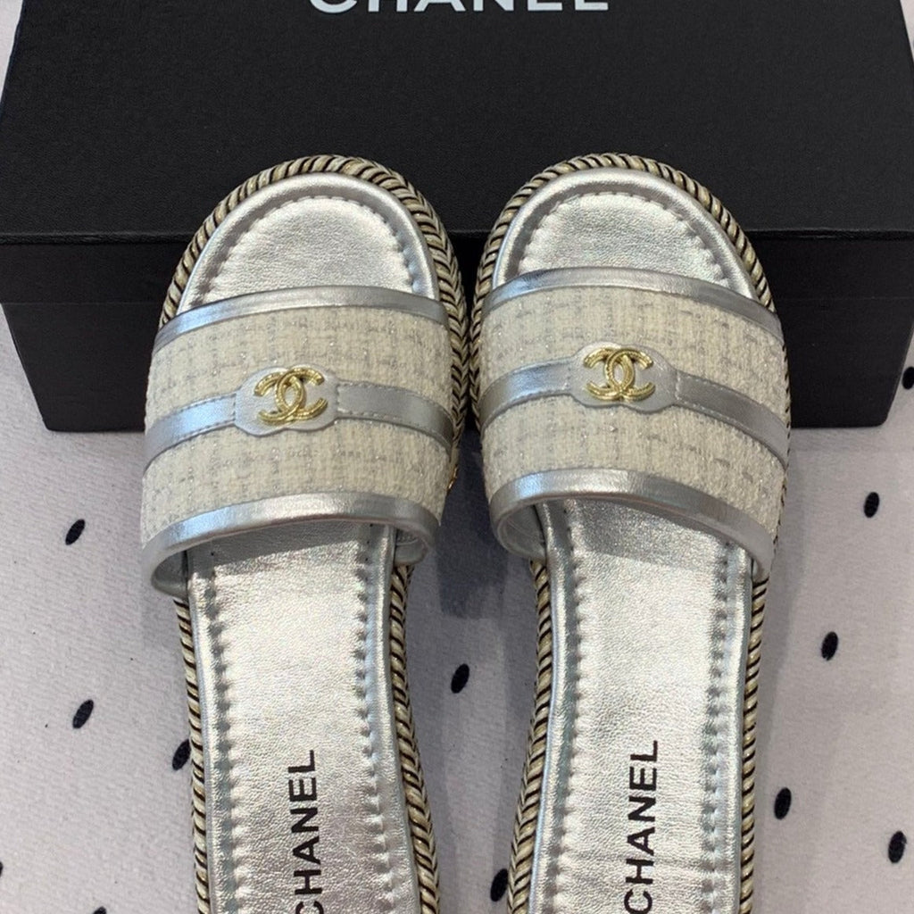 Chanel Double Women Silver Slippers Calfskin