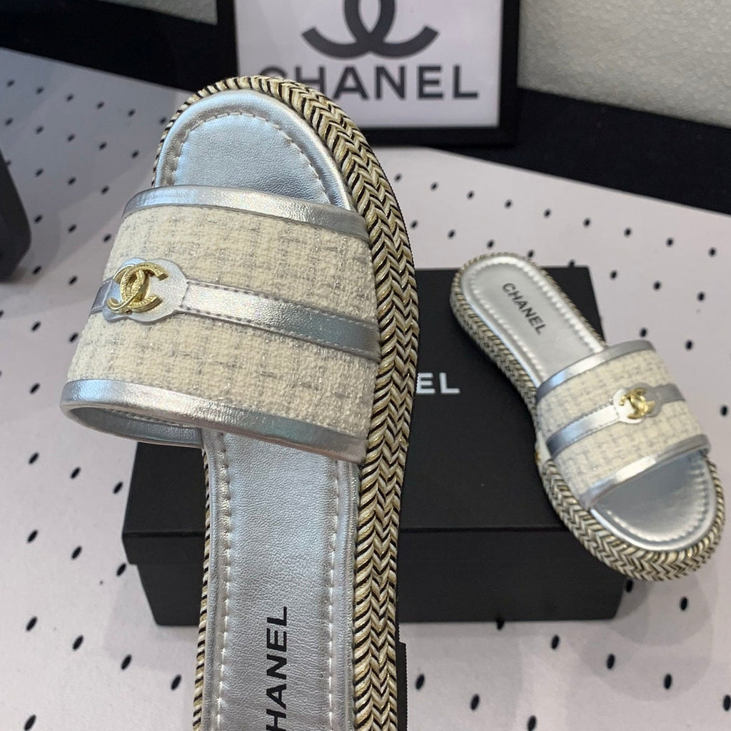 Chanel Double Women Silver Slippers Calfskin