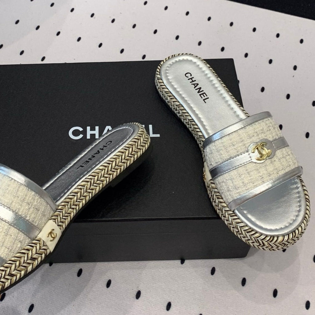 Chanel Double Women Silver Slippers Calfskin