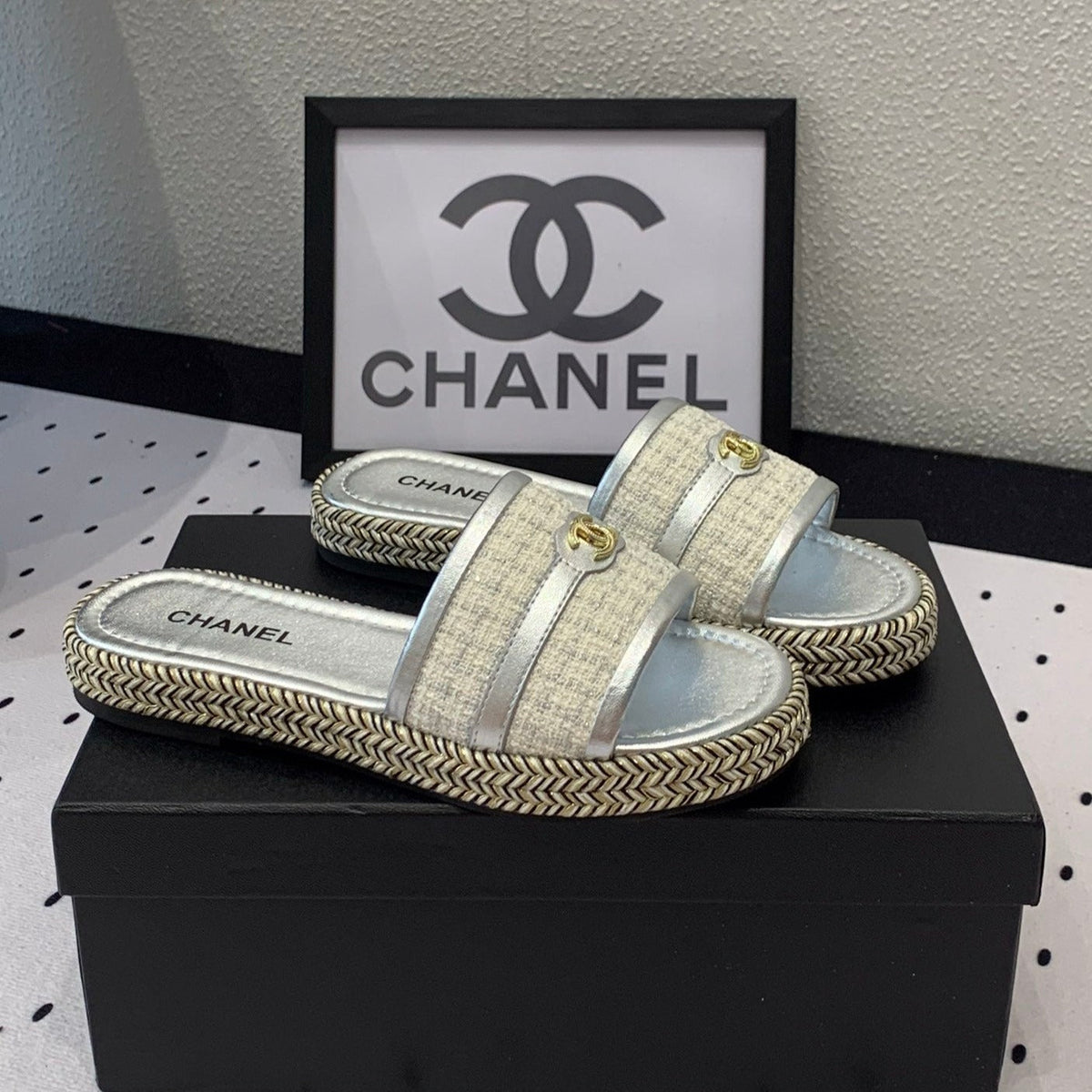 Chanel Double Women Silver Slippers Calfskin