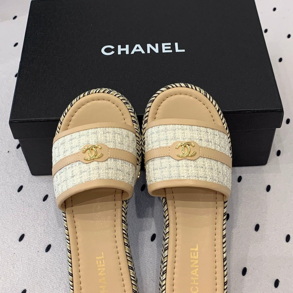 Chanel Double Women Beige Cream/ White Slippers Calfskin