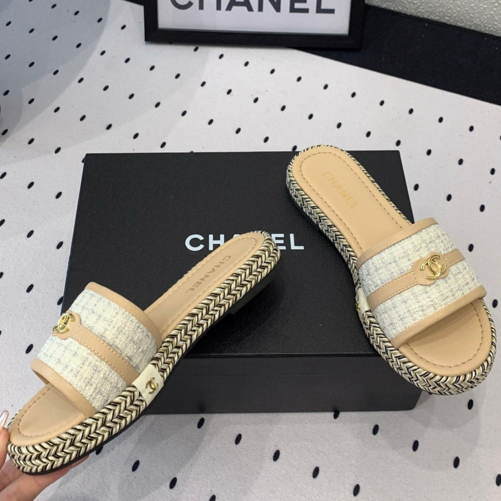 Chanel Double Women Beige Cream/ White Slippers Calfskin