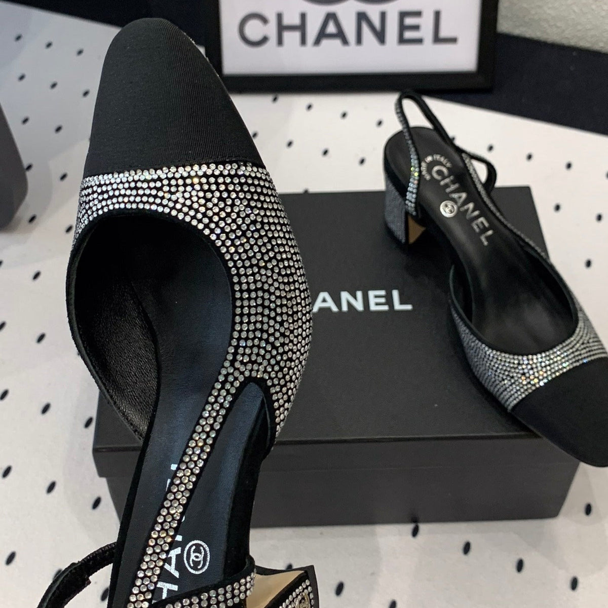 Chanel Double Rhinestone Slingback Sheepskin Silver Black