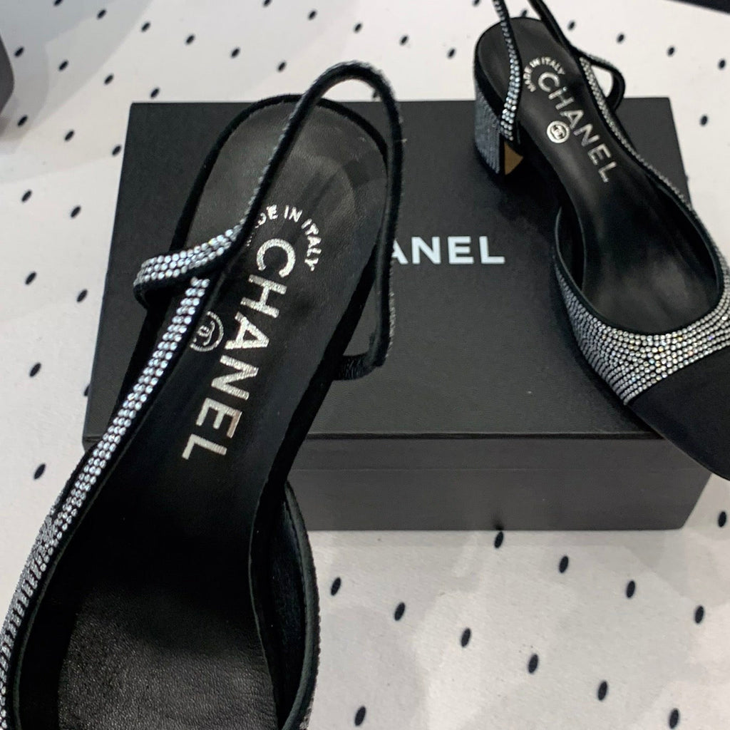 Chanel Double Rhinestone Slingback Sheepskin Silver Black
