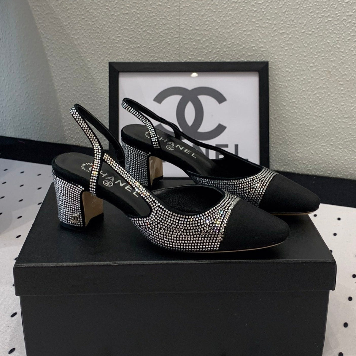 Chanel Double Rhinestone Slingback Sheepskin Silver Black