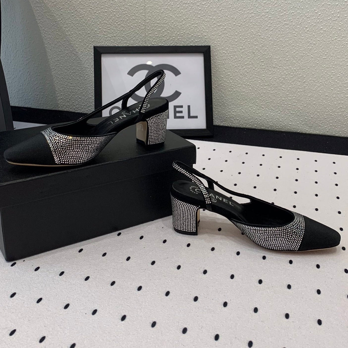 Chanel Double Rhinestone Slingback Sheepskin Silver Black