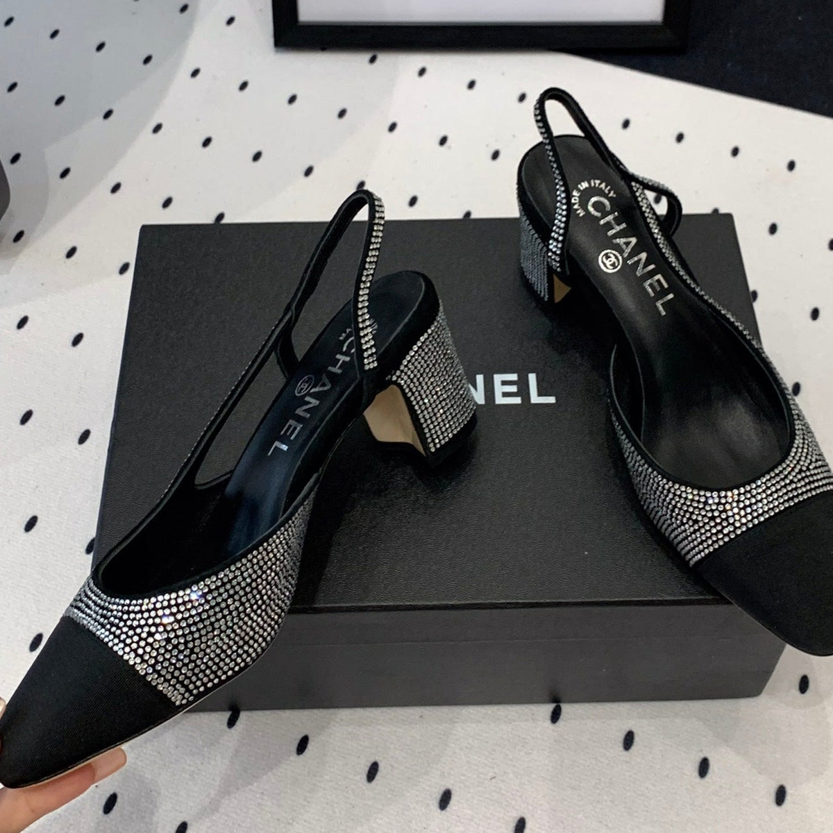 Chanel Double Rhinestone Slingback Sheepskin Silver Black