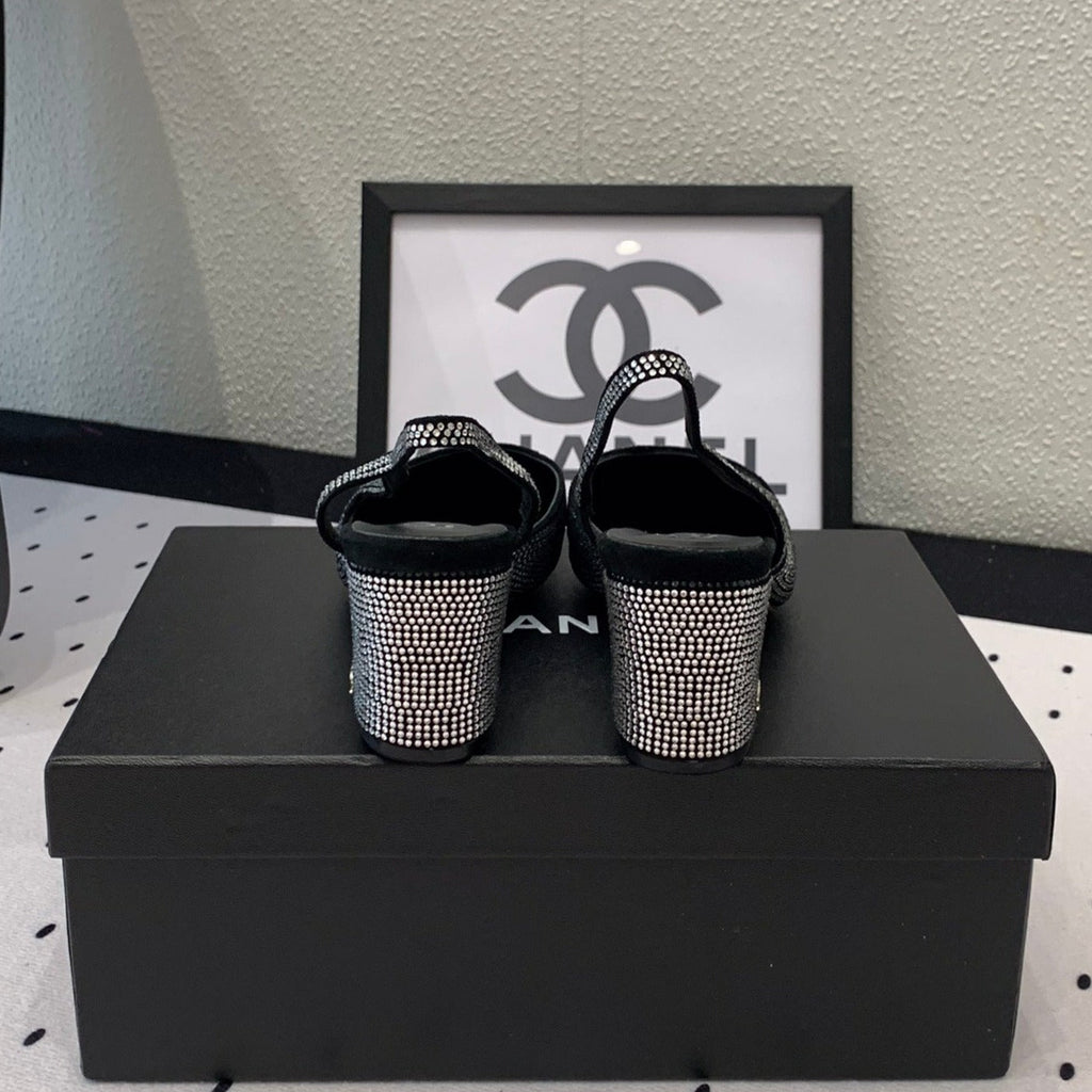 Chanel Double Rhinestone Slingback Sheepskin Silver Black
