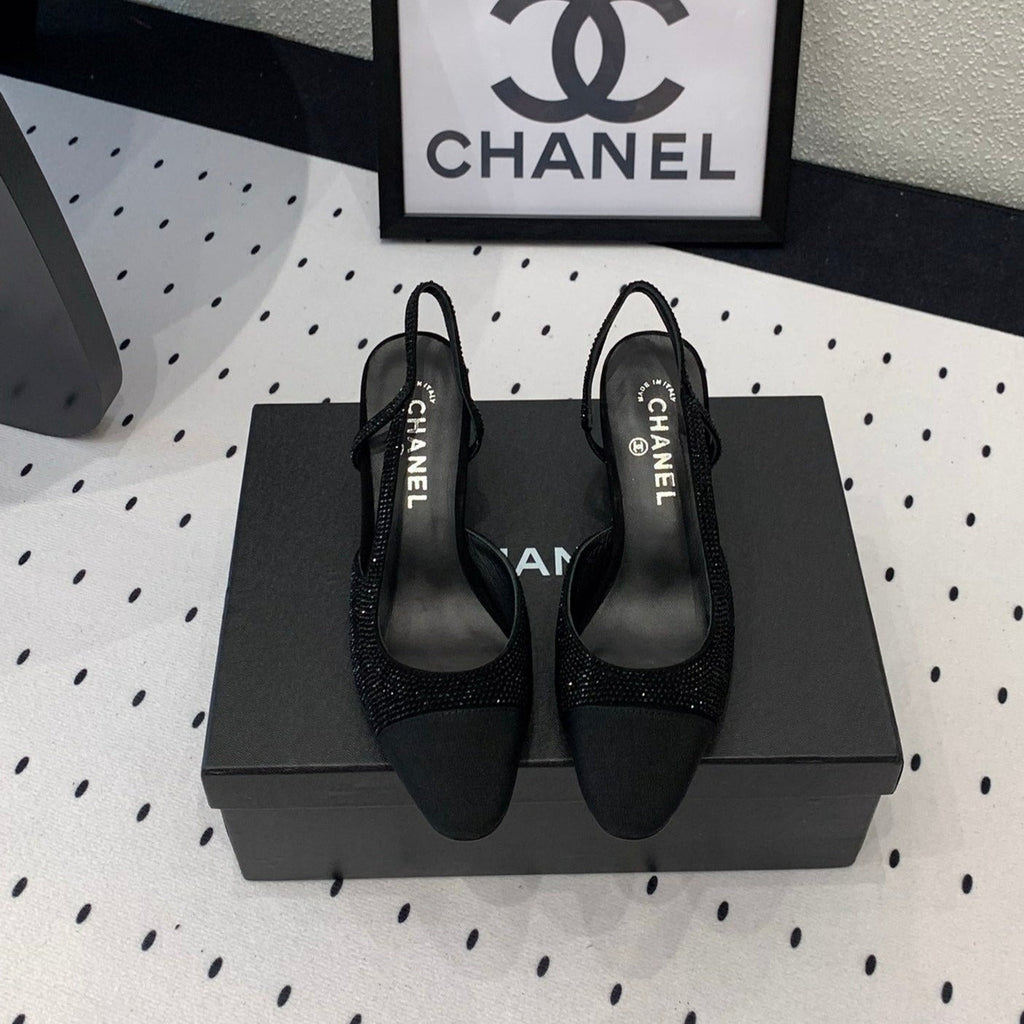Chanel Double Rhinestone Slingback Sheepskin Black