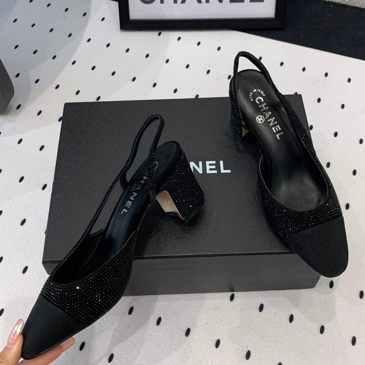 Chanel Double Rhinestone Slingback Sheepskin Black