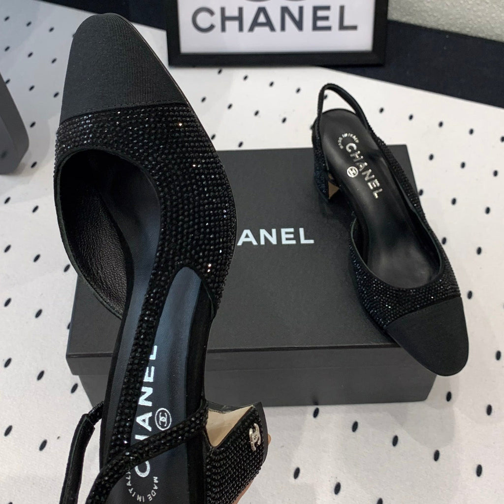 Chanel Double Rhinestone Slingback Sheepskin Black