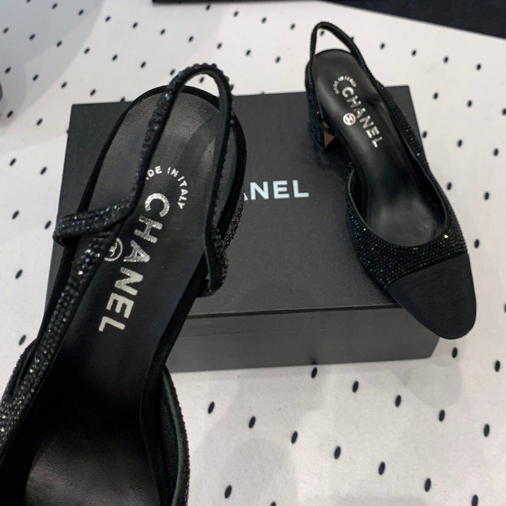 Chanel Double Rhinestone Slingback Sheepskin Black