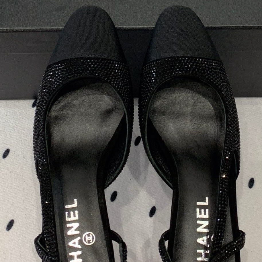 Chanel Double Rhinestone Slingback Sheepskin Black