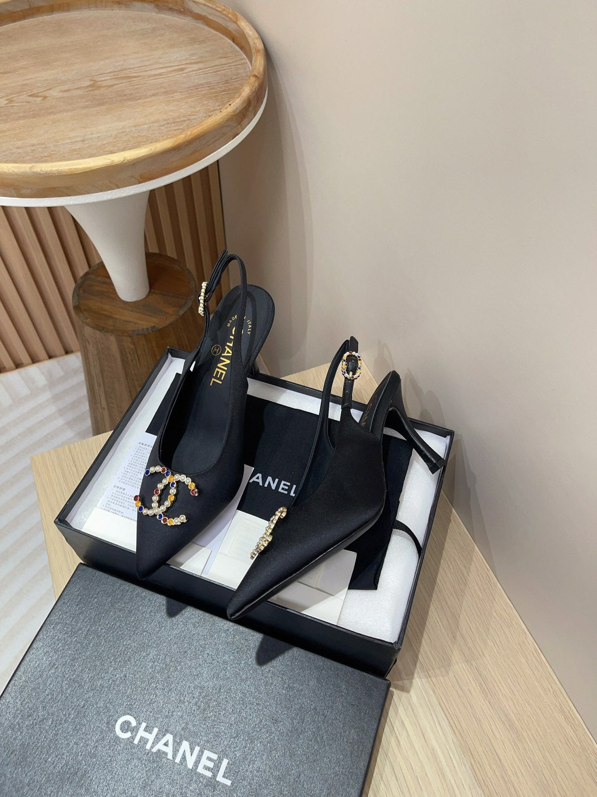 Chanel High Slingbacks Black Satin and Lambskin