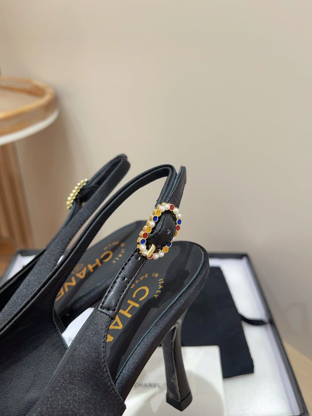 Chanel High Slingbacks Black Satin and Lambskin