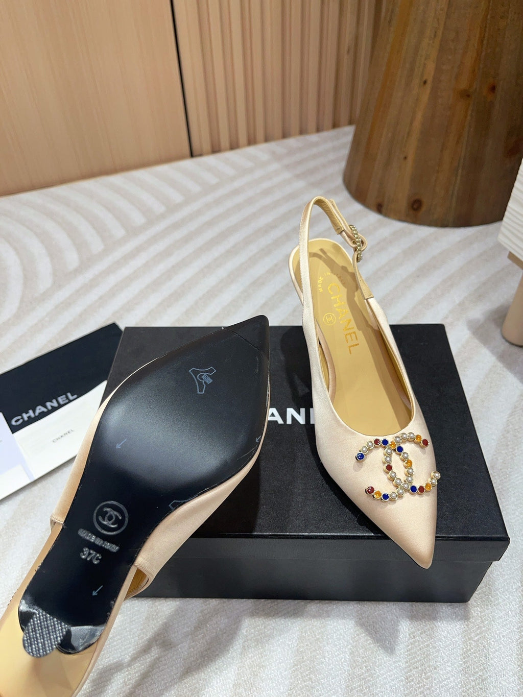 Chanel High Slingbacks Beige Cream Satin and Lambskin
