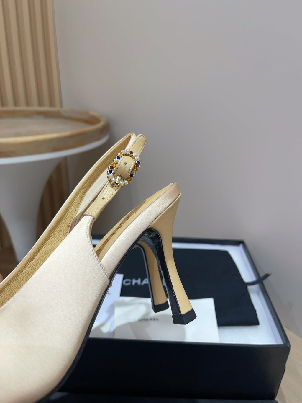 Chanel High Slingbacks Beige Cream Satin and Lambskin