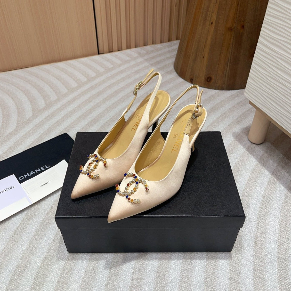 Chanel High Slingbacks Beige Cream Satin and Lambskin