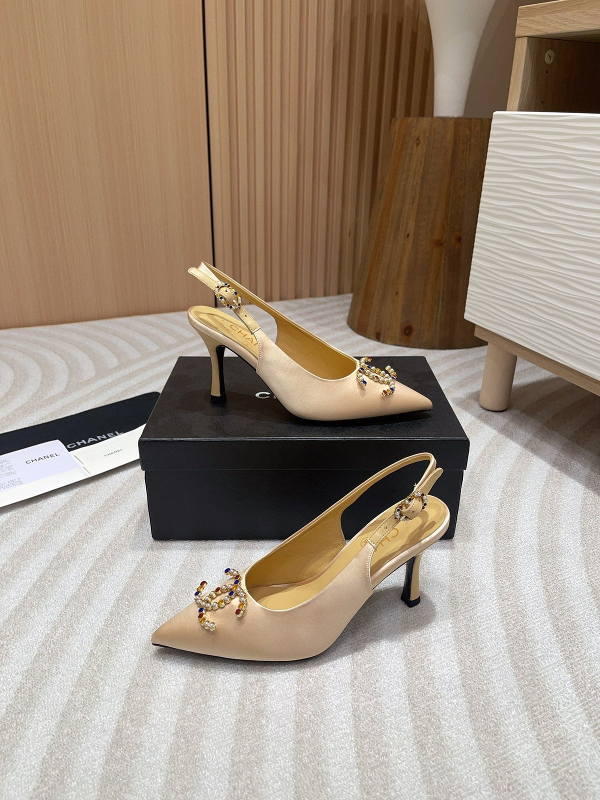 Chanel High Slingbacks Beige Cream Satin and Lambskin