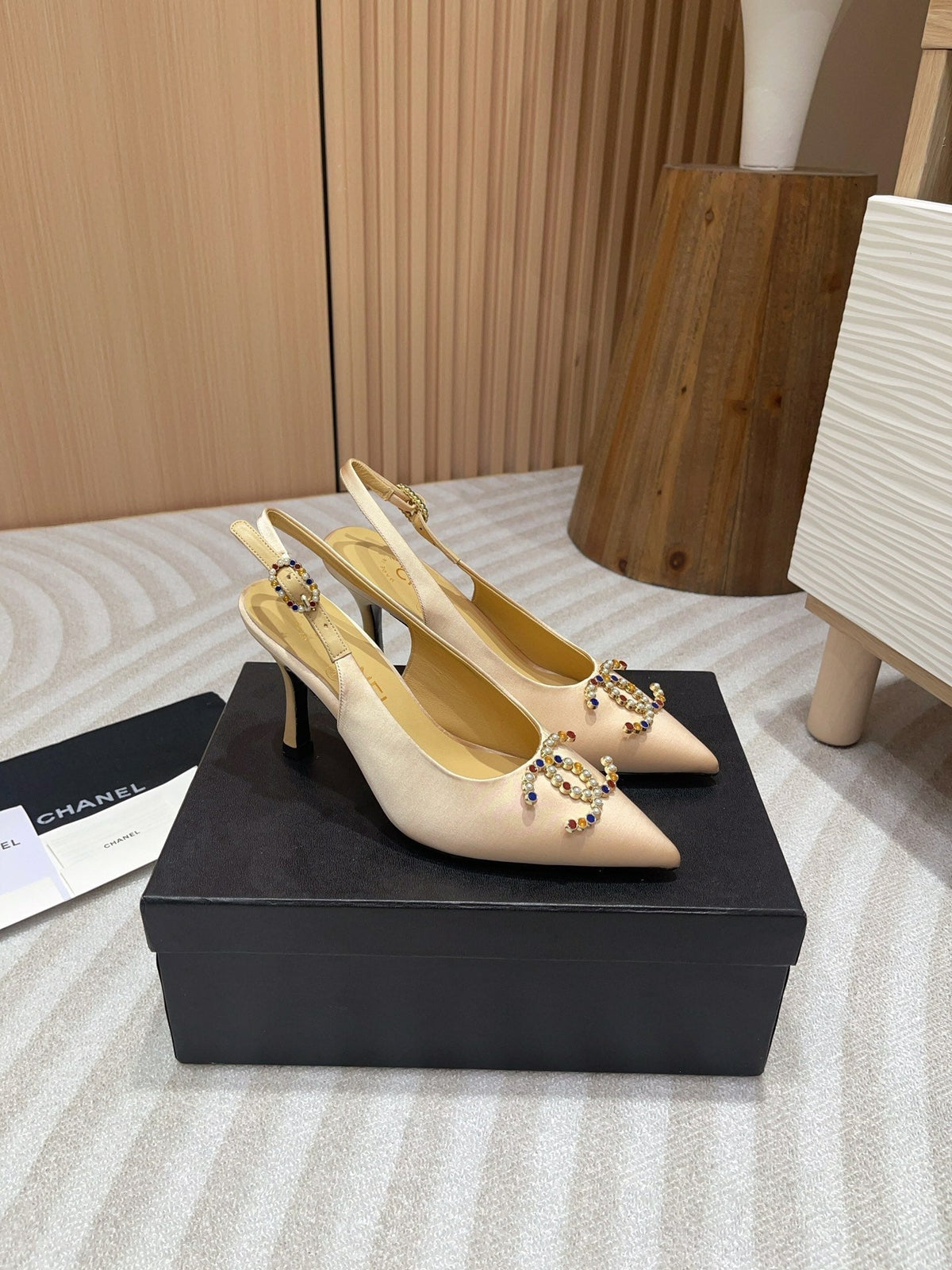 Chanel High Slingbacks Beige Cream Satin and Lambskin