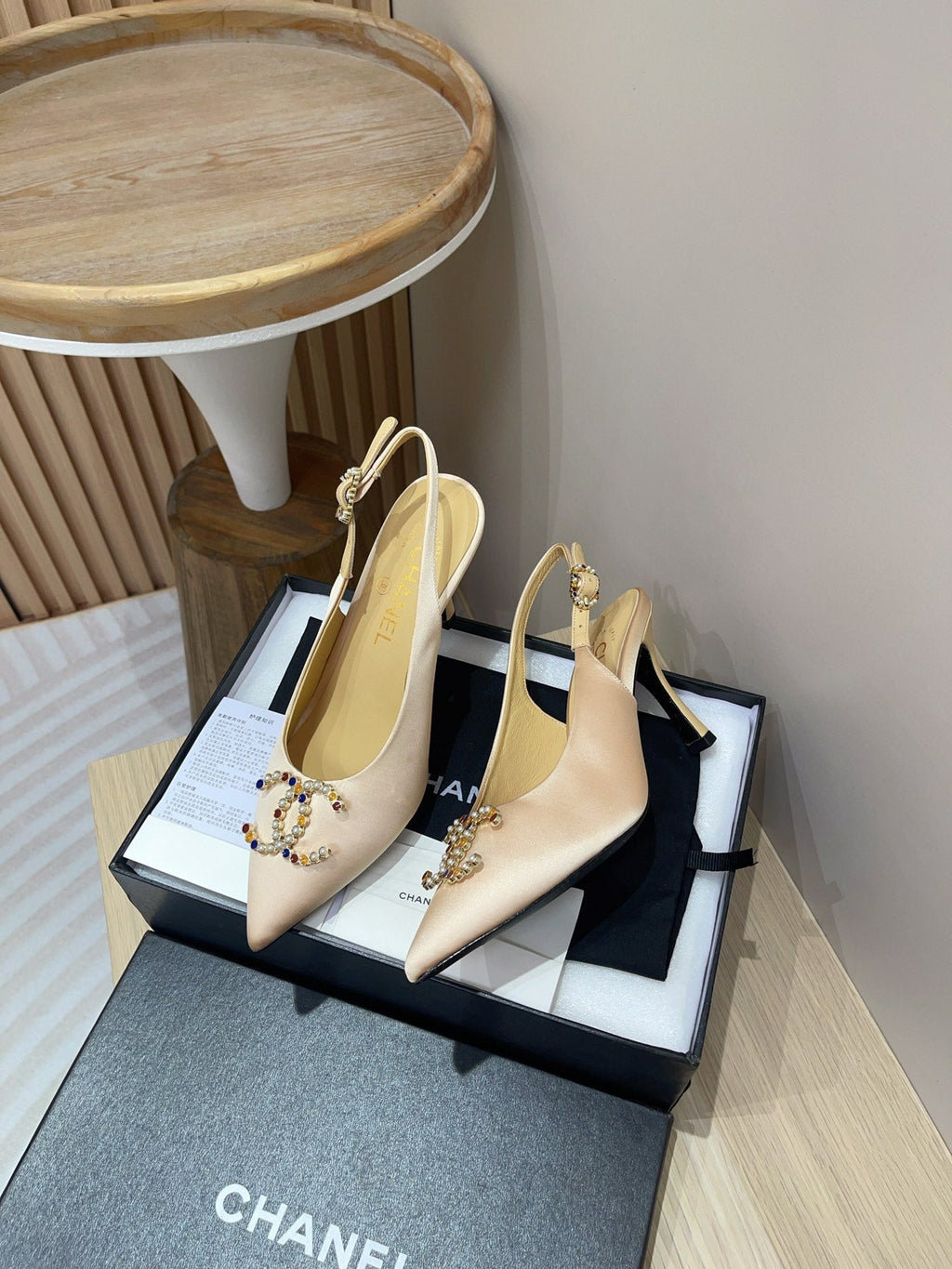 Chanel High Slingbacks Beige Cream Satin and Lambskin