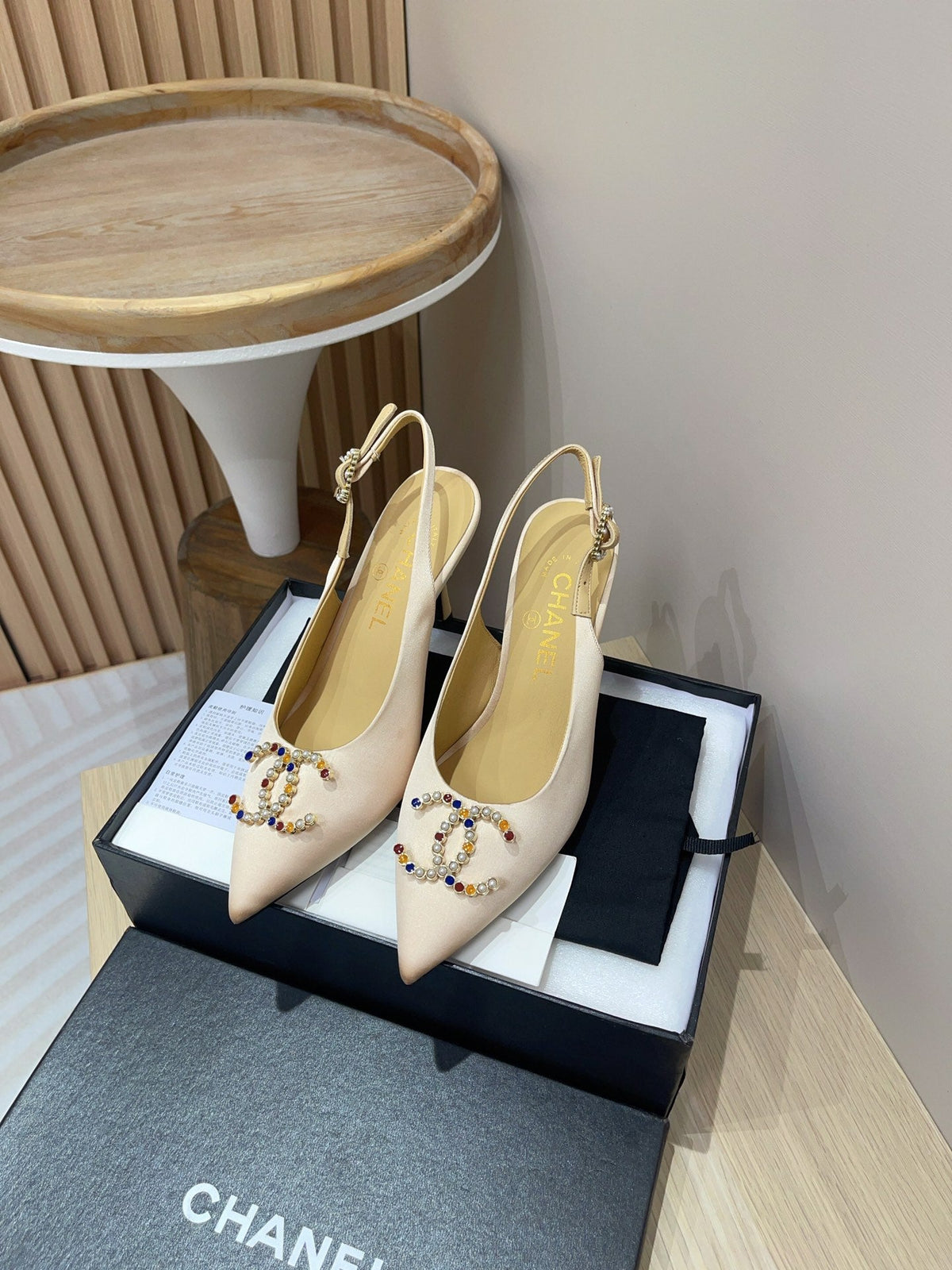 Chanel High Slingbacks Beige Cream Satin and Lambskin