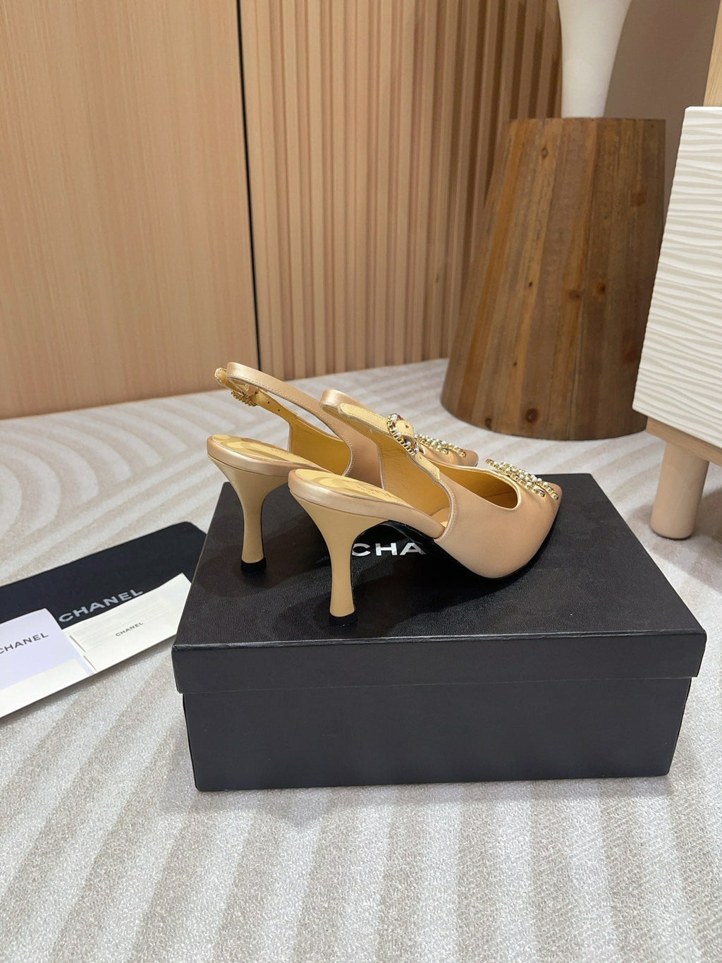 Chanel High Slingbacks Beige Cream Satin and Lambskin
