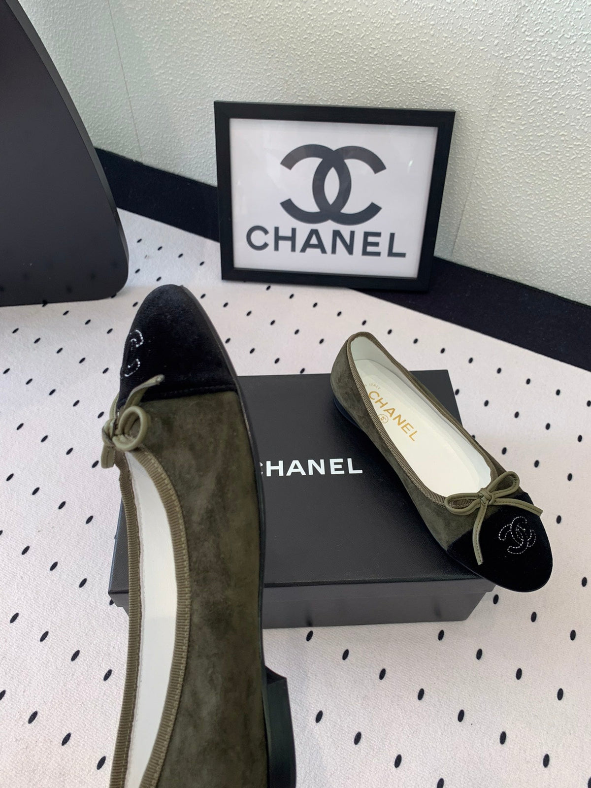 Chanel Ballet Flat Olive Green Mix Black Velvet