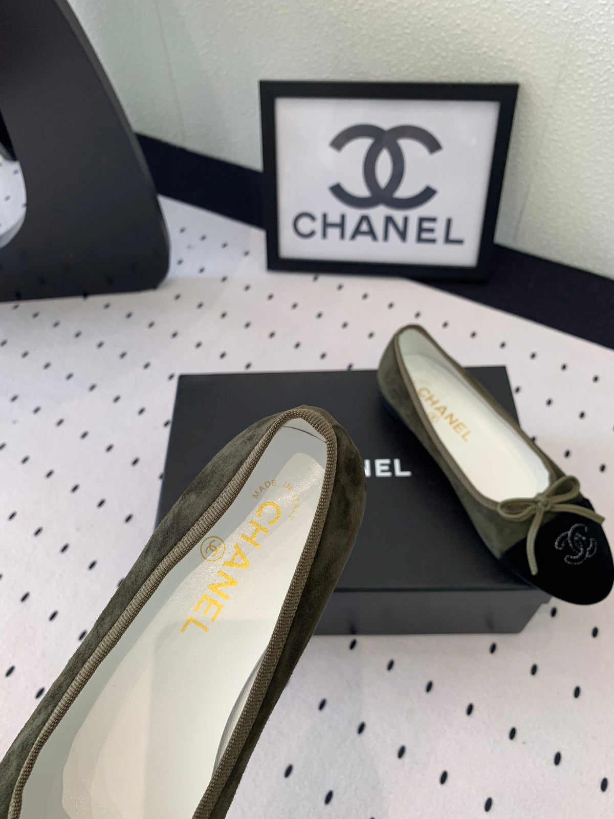 Chanel Ballet Flat Olive Green Mix Black Velvet