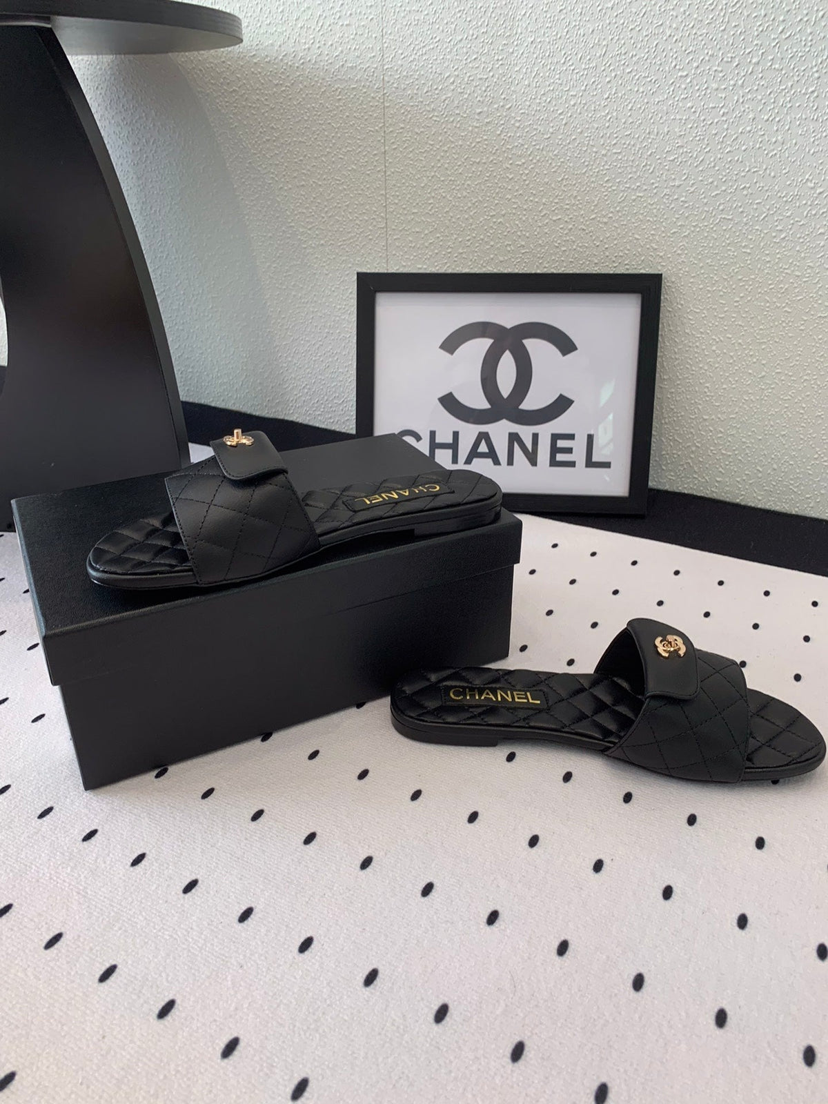 Chanel Slippers in Black Calfskin
